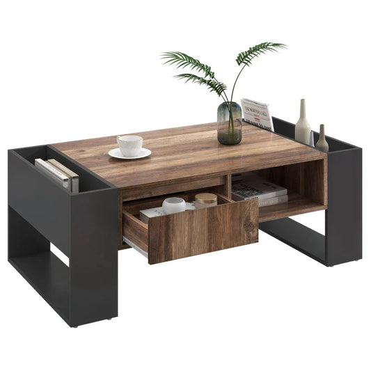 Wood Grain Coffee Table with Handleless Drawer and Double-Sided Storage, Industrial Design, 106.4x60x40 cm, Black+ Gray