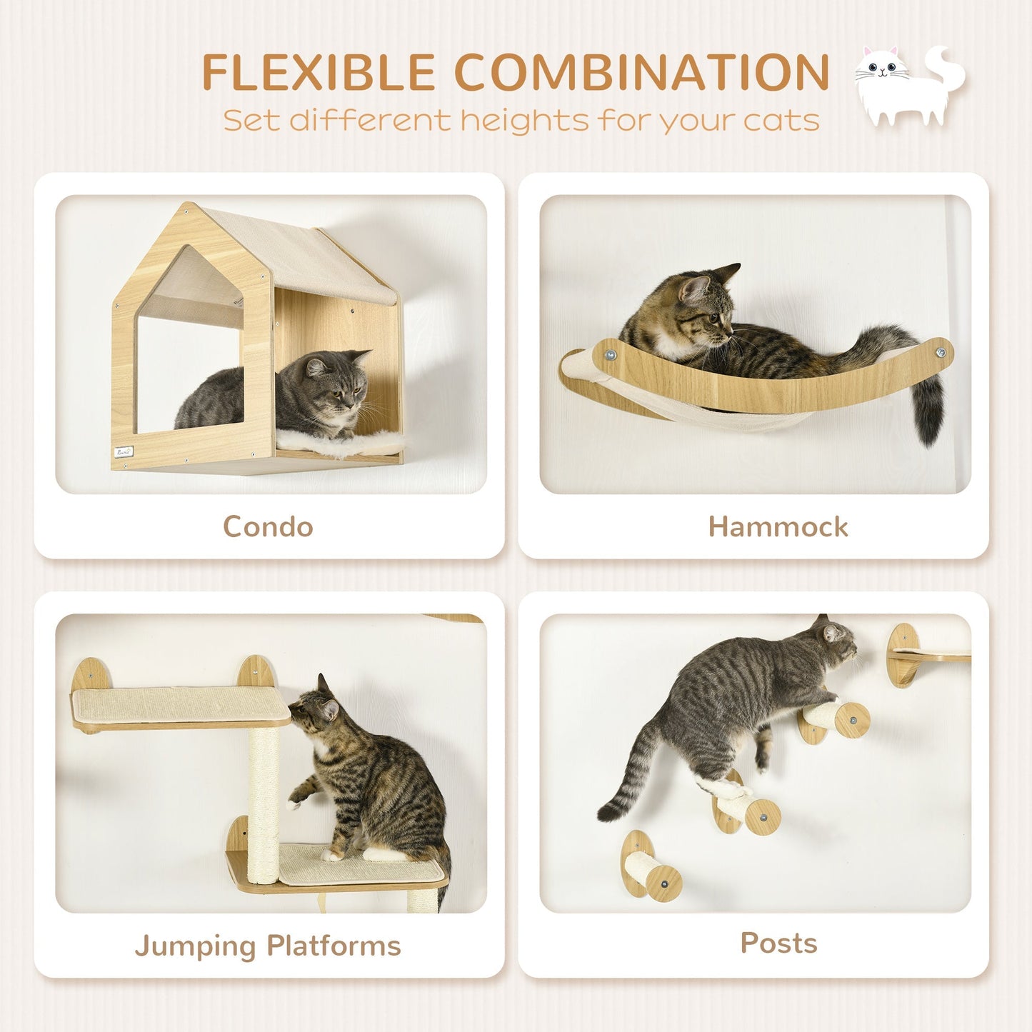 PawHut 8 Piece Cat Shelves Set, Cat Wall Furniture with Condo, 3 Perches, 3 Scratching Posts, Steps, Wall Mounted Cat Tree for Indoor Cats, Beige