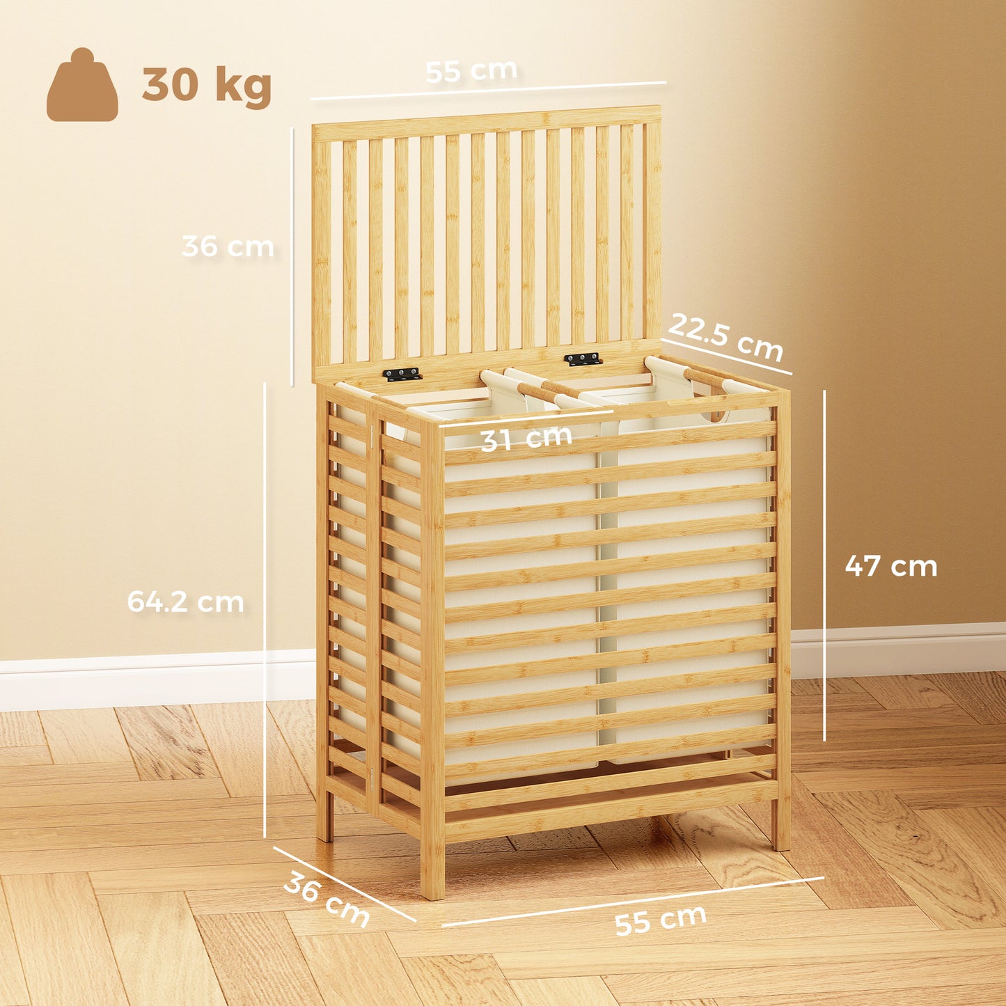 HOMCOM Bamboo Laundry Basket with Lid, 2 Baskets, Foldable, 64L, Natural and Cream White