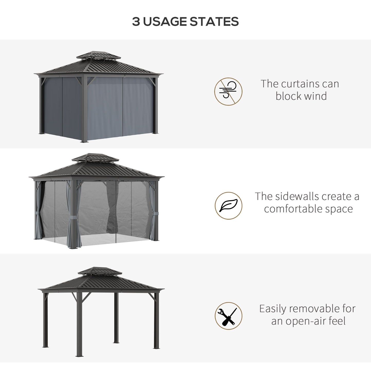 Outsunny 3 x 3.7m Outdoor Hardtop Gazebo Canopy Aluminium Frame with 2-Tier Roof & Mesh Netting Sidewalls for Patio, Grey