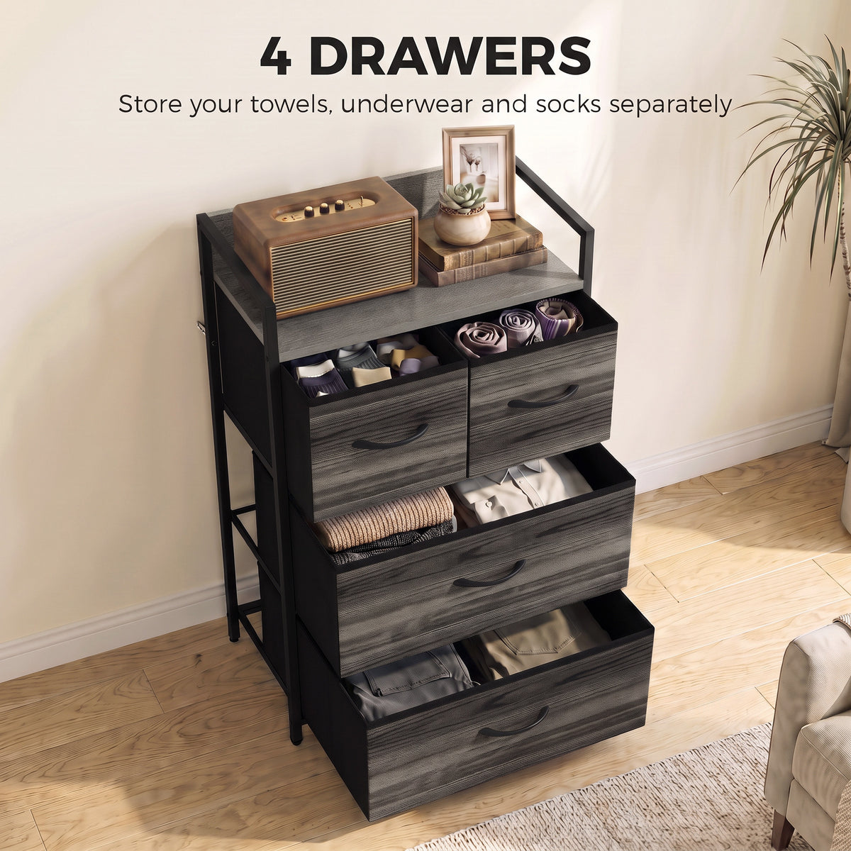 HOMCOM Rustic Chest of Four Fabric Drawers - Grey Wood Effect