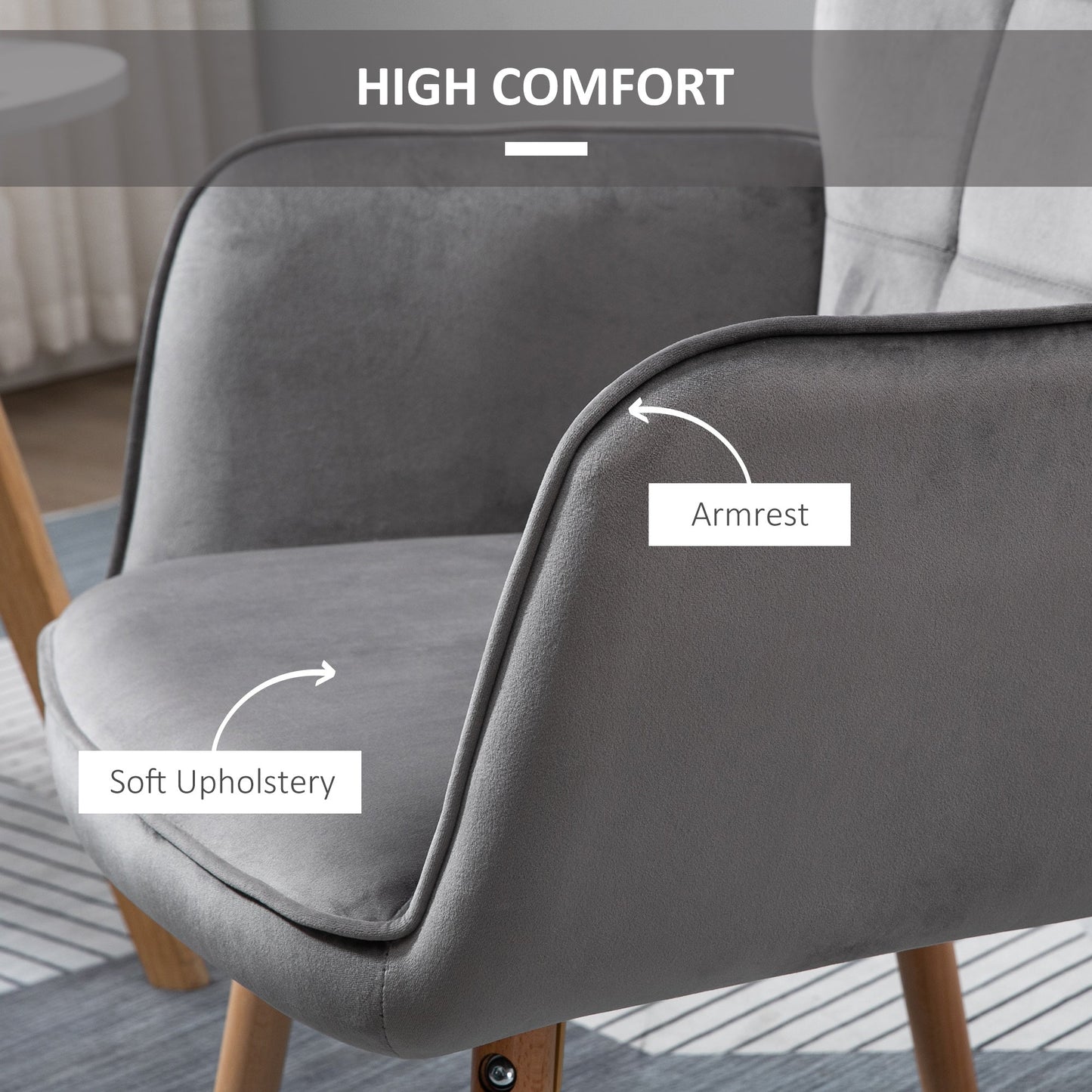كرسي HOMCOM Modern Accent Chair بذراعين مبطن بمخمل ملمس مخملي مع مسند ظهر مجنح، كرسي صالة ترفيهي مبطن بأرجل خشبية، باللون الرمادي