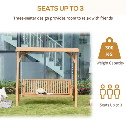 Outsunny 3-Seater Larch Wood Garden Swing Chair Bench Hammock Lounger with Wooden Canopy, Teak