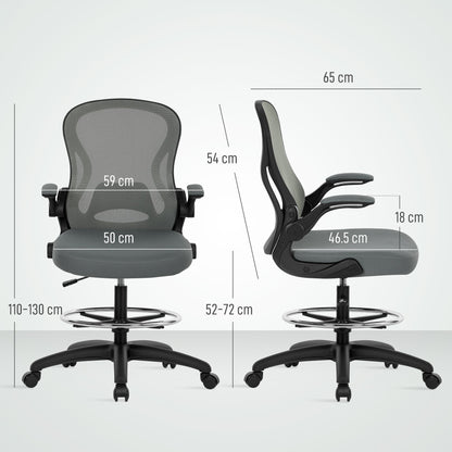 Vinsetto Drafting Chair, Ergonomic Tall Office Chair with Flip-up Armrests, Mesh Back, Lumbar Support, Adjustable Height and Foot Ring, Swivel Wheels, for Standing Desk, Charcoal Grey