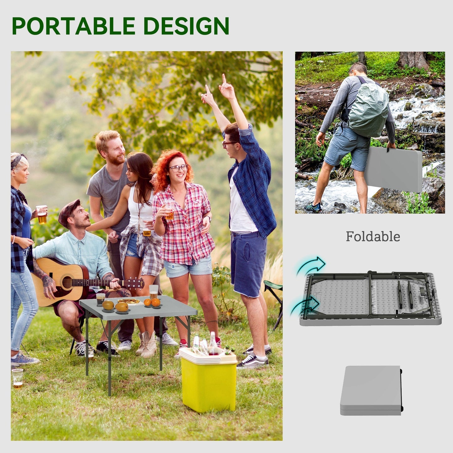 Outsunny 34/74cm Folding Camping Table, with Handle - Grey