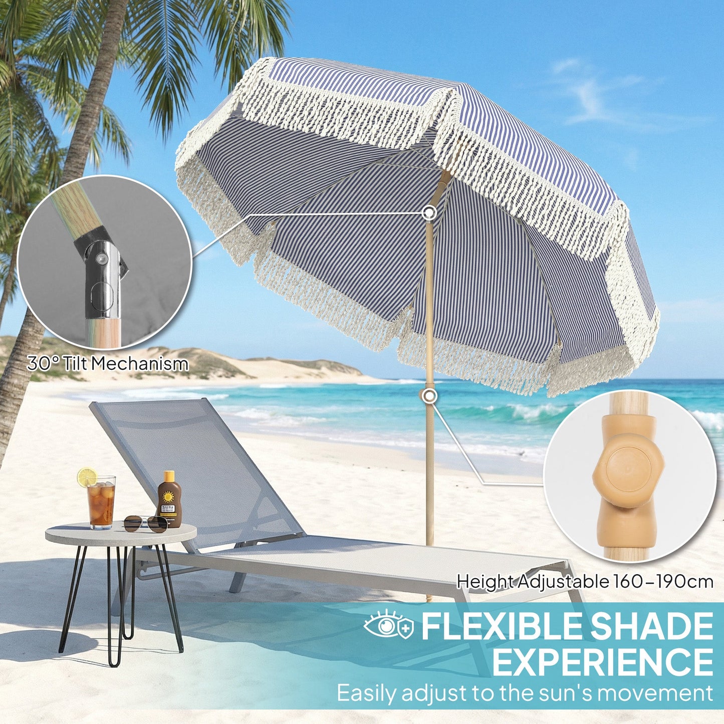 Outsunny 1.7 m Beach Umbrella with Sand Anchor, 30Â° Tilting Fringed Beach Garden Parasol with Adjustable Height, Blue