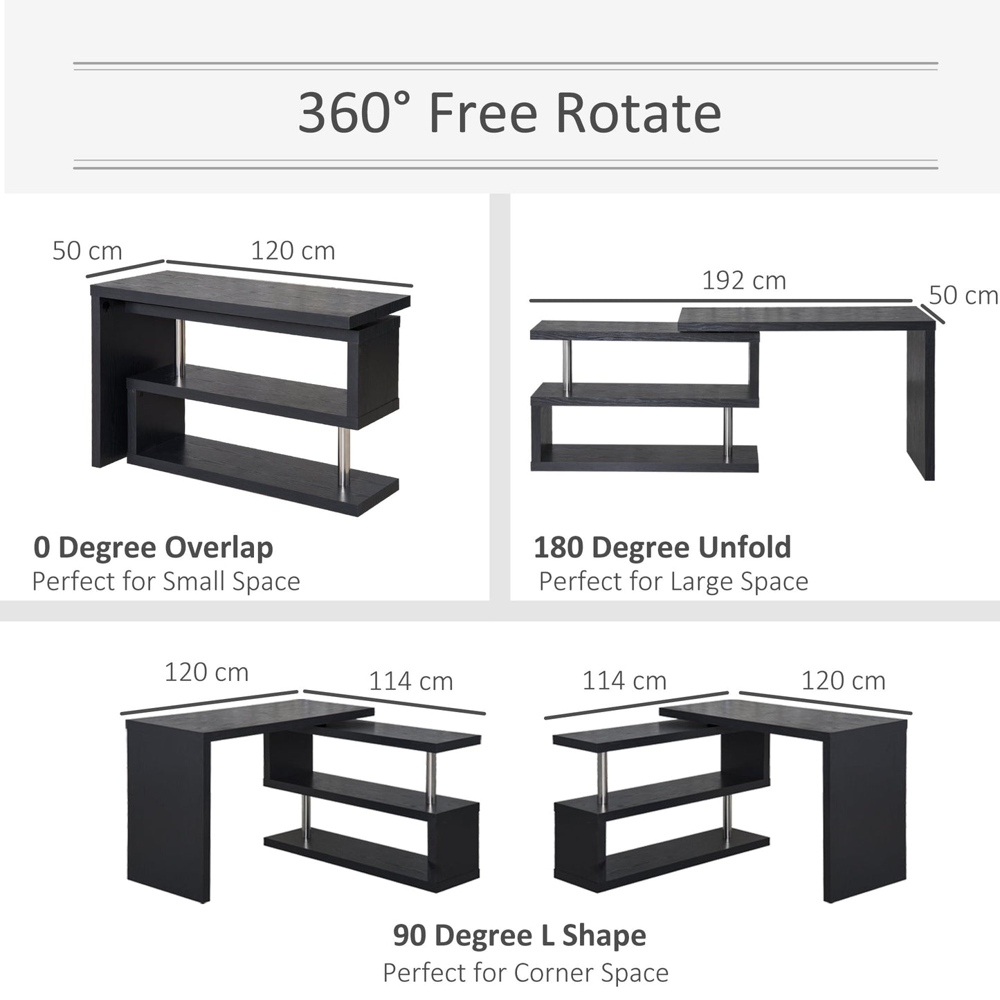 HOMCOM L Shaped Desk with 360 degrees Rotating Storage Shelves, Corner Computer Desk, Space Saving Study Table for Home Office, Black