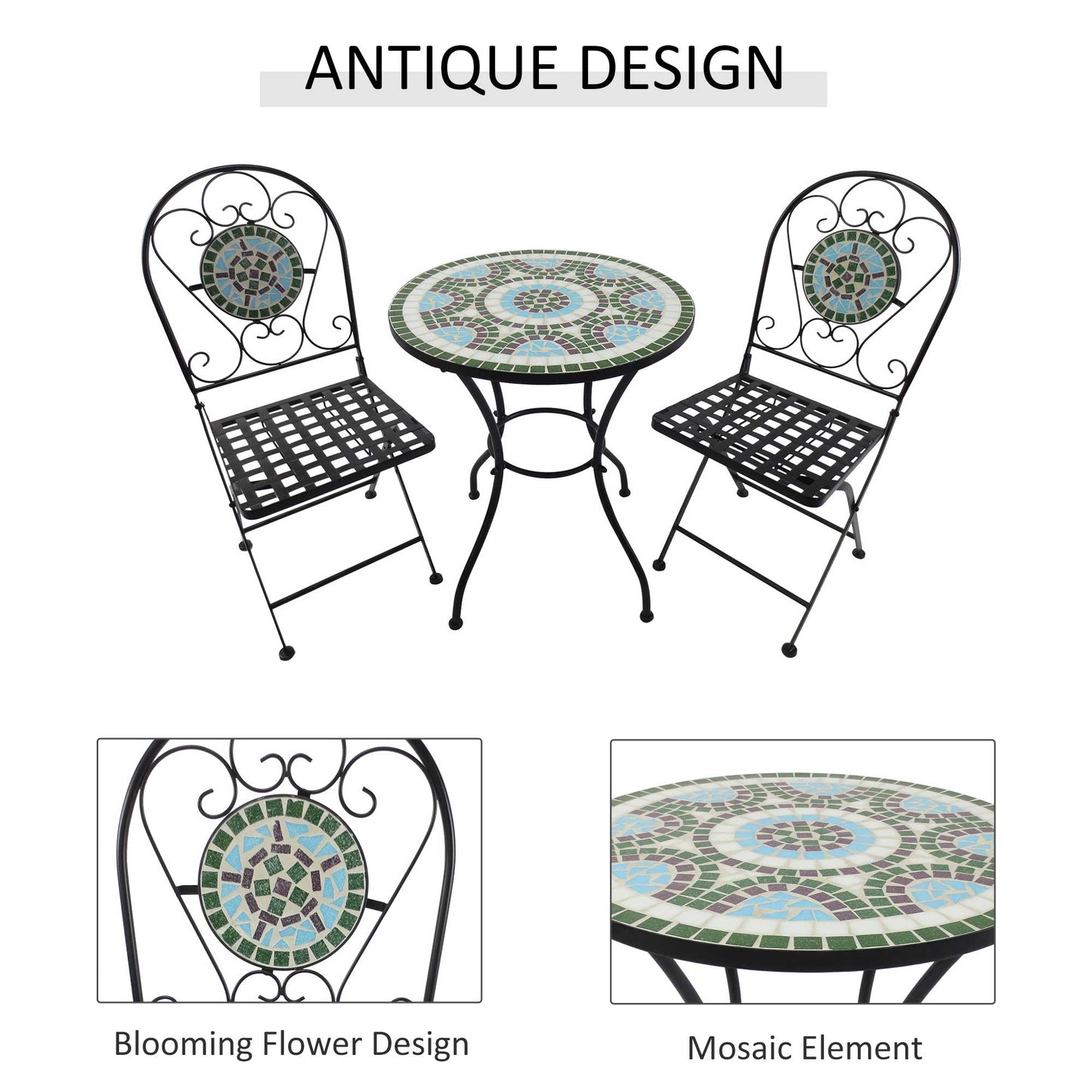 Outsunny 3PCs Bistro Set, Outdoor Metal Frame Mosaic Decoration Garden Table and Chair Set, Patio Folding Chairs Furniture Set