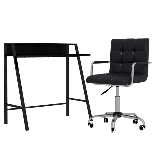 Zestaw HOMCOM Home Office Chair i Computer Desk, Fotel biurowy ze sztucznej skóry z kółkami obrotowymi, Biurko do nauki z półką do przechowywania, Czarny