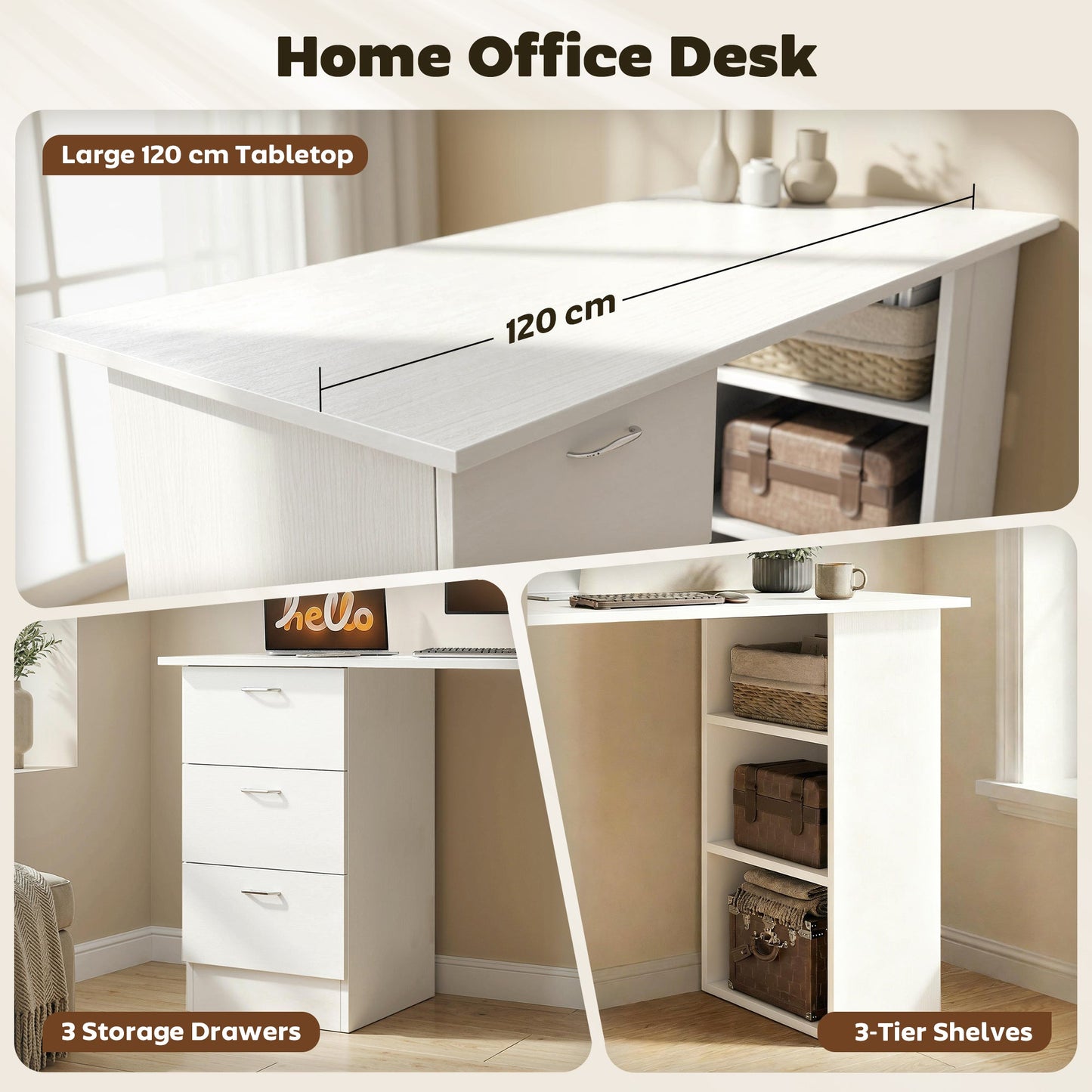HOMCOM Computer Desk, Home Office Desk, Writing Table, PC Workstation with 3 Storage Shelves and 3 Drawers for Working, Study, 120 x 49 x 72 cm, White