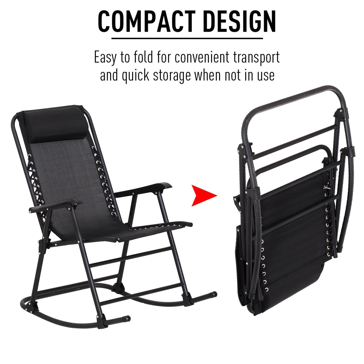 Outsunny Garden Rocking Chair Folding Outdoor Adjustable Rocker Zero-Gravity Seat with Headrest Camping Fishing Patio Deck - Black