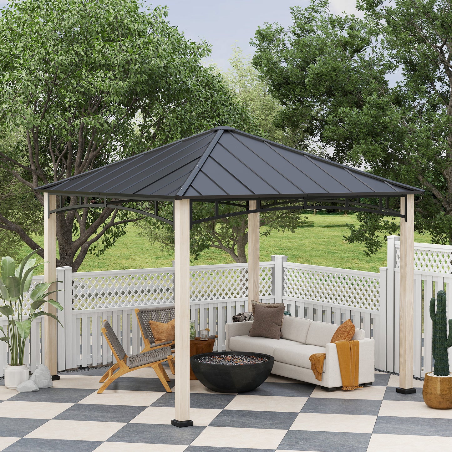 Outsunny 3 x 3 m Decorative Metal Gazebo - Black/Wood-Effect