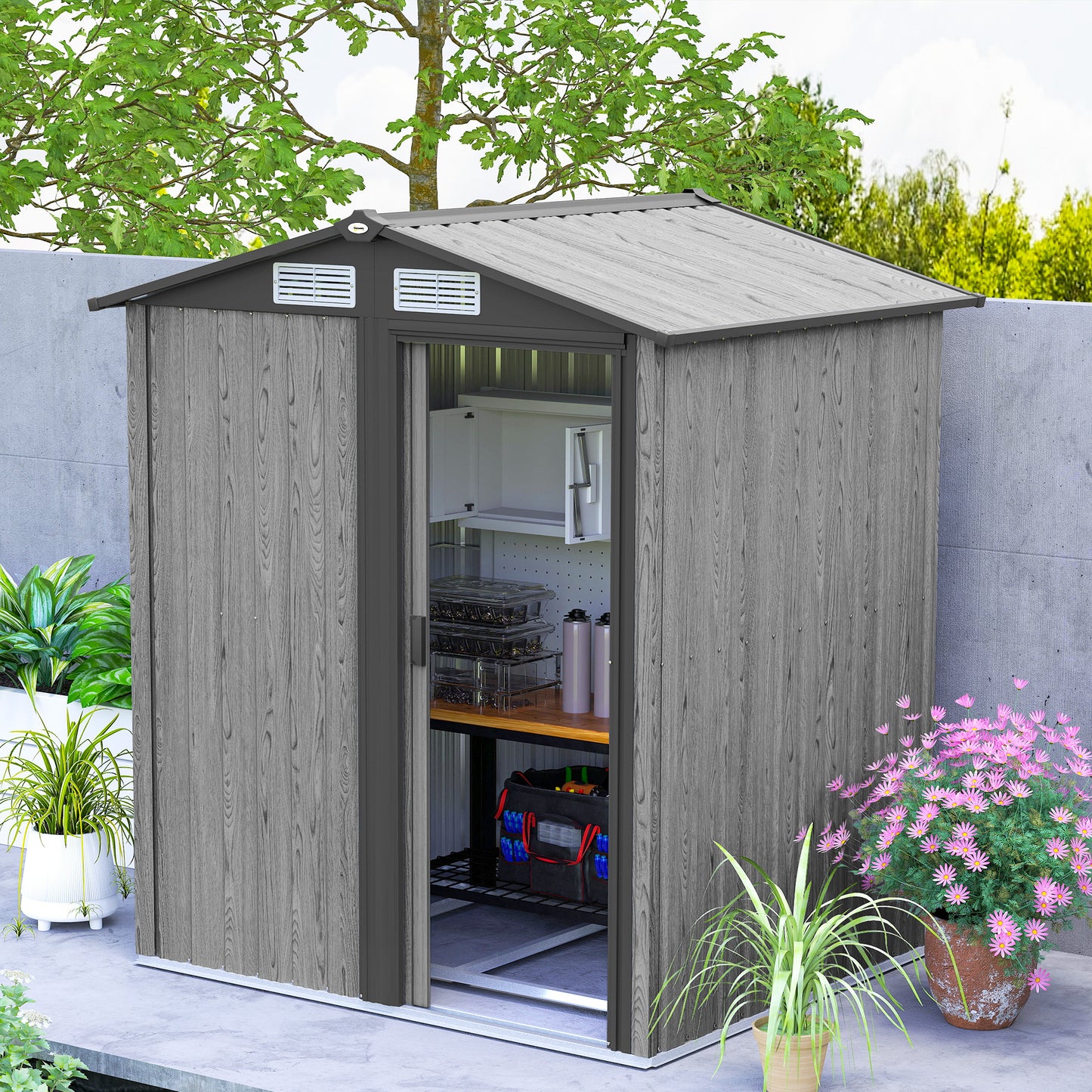 Outsunny 4.3 x 5ft Outdoor Garden Storage Shed - Szary efekt drewna
