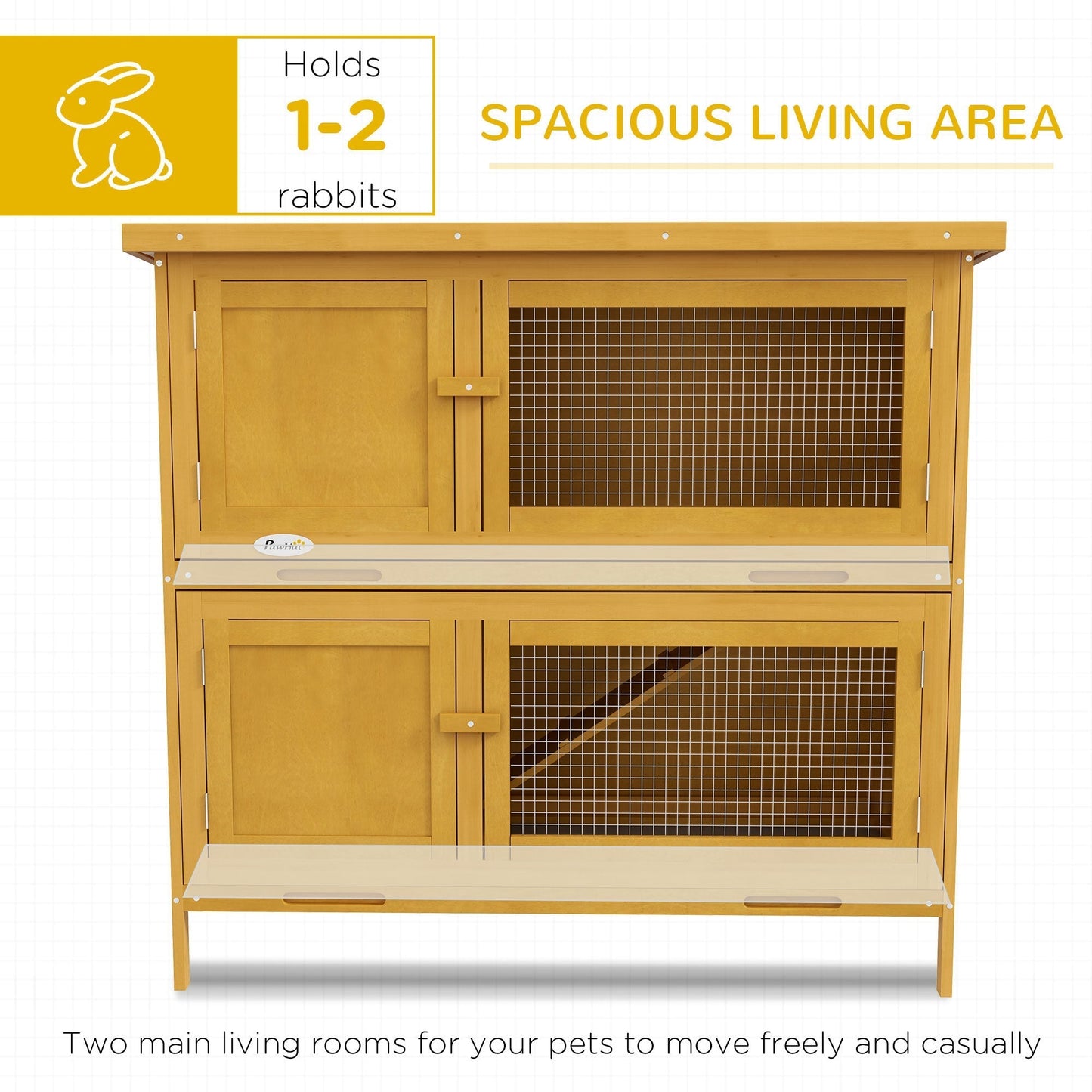 PawHut Double Decker Rabbit Hutch 2 Tier Guinea Pig House Pet Cage Outdoor with Sliding-out Tray, 97 x 44 x 91cm, Yellow