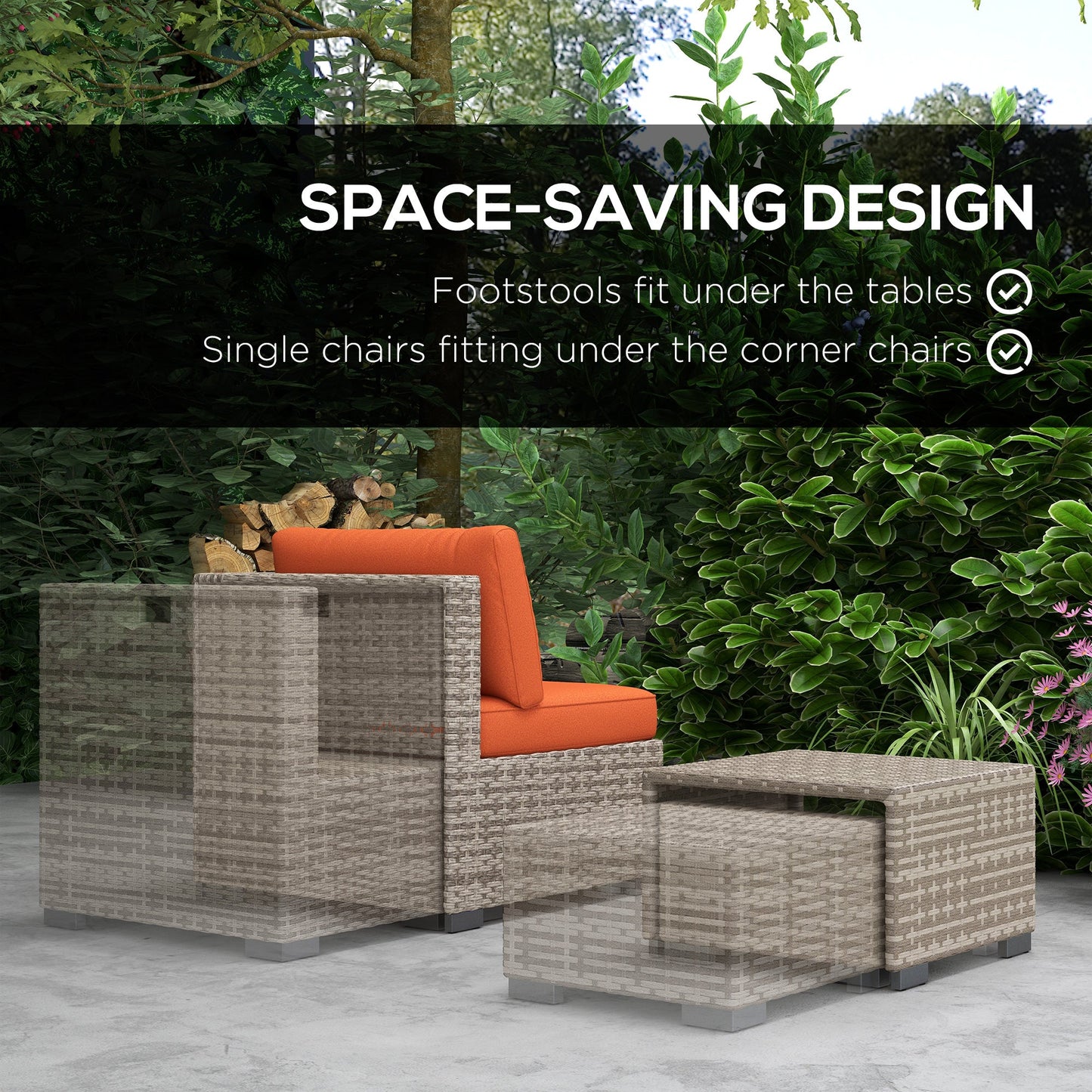 Outsunny Eight-Piece Rattan Garden Set, with Contrast Cushions - Orange/Grey