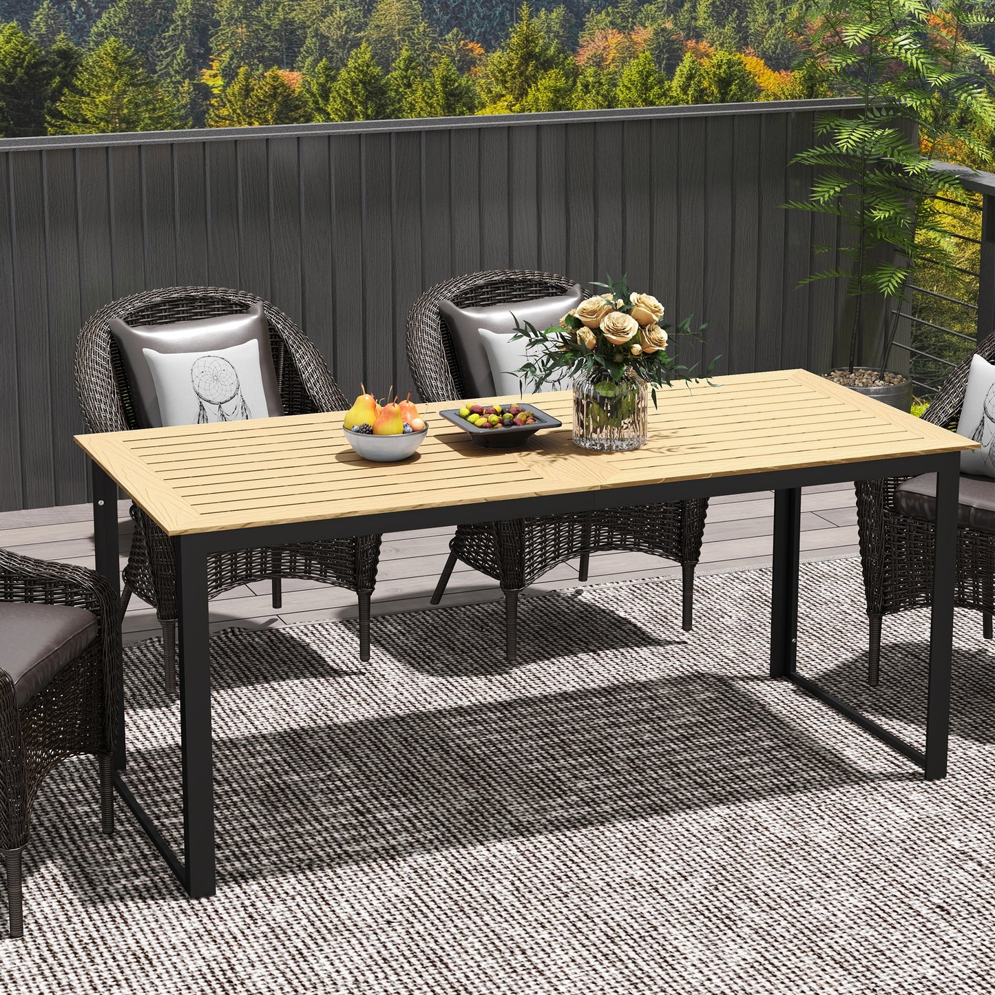 Stół ogrodowy Outsunny dla 6 osób, prostokątny stół jadalny do użytku na zewnątrz, 175 x 78 x 75 cm, z blatem z listew, metalowa rama, na balkon, taras, drewno tekowe