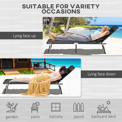 Outsunny Outdoor Folding Sun Lounger Set of 2 with Face Hole, 4 Level Adjustable Backrest Reclining Garden Lounger, Garden Recliner Sunbed with 600 D Oxford Cloth Seat and Pillow for Beach, Black