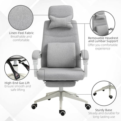 Vinsetto Office Chair, Ergonomic Desk Chair, High Back Fabric Work Chair with 160¡ Reclining Backrest, Retractable Footrest, Neck and Lumbar Pillow for Home and Study, Grey