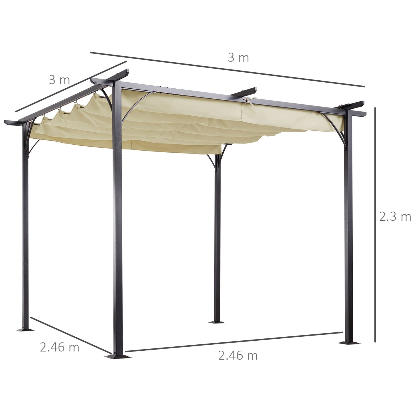 Outsunny 3 x 3(m) Metal Pergola Gazebo Awning Retractable Canopy Outdoor Garden Sun Shade Shelter Marquee Party BBQ Beige