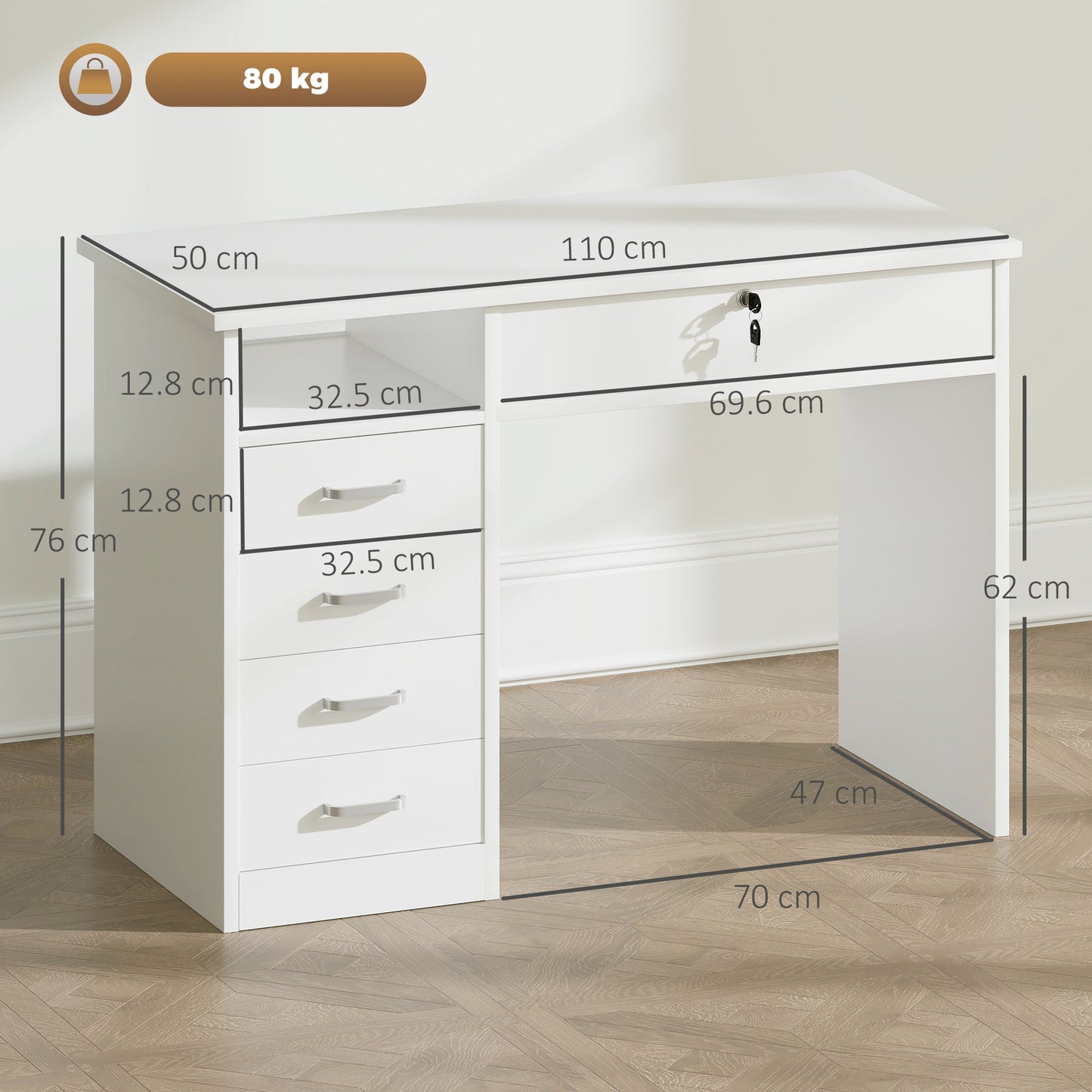 HOMCOM Computer Desk, Home Office Desk with Lockable Drawer, Storage Shelf for Study Bedroom, 110 x 50 x 76 cm, White