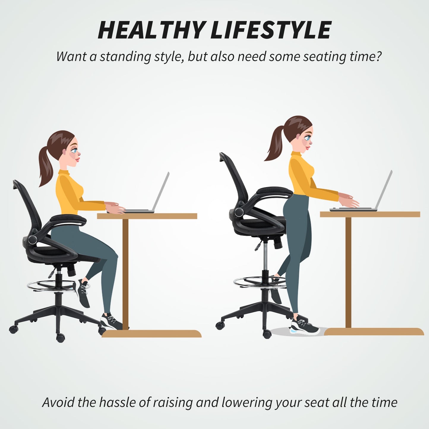 Vinsetto Drafting Chair with Flip-up Armrest, Mesh Office Stool with Foot Ring, 360 Degree Swivel Height Adjustable Chair for Standing Desk, Black