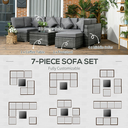 Outsunny 8 Pieces PE Rattan Corner Sofa Set, Outdoor Garden Furniture Set, Patio Wicker Sofa Seater w/ Cushion, Washable Cushion Cover & Tempered Glass Table, Grey