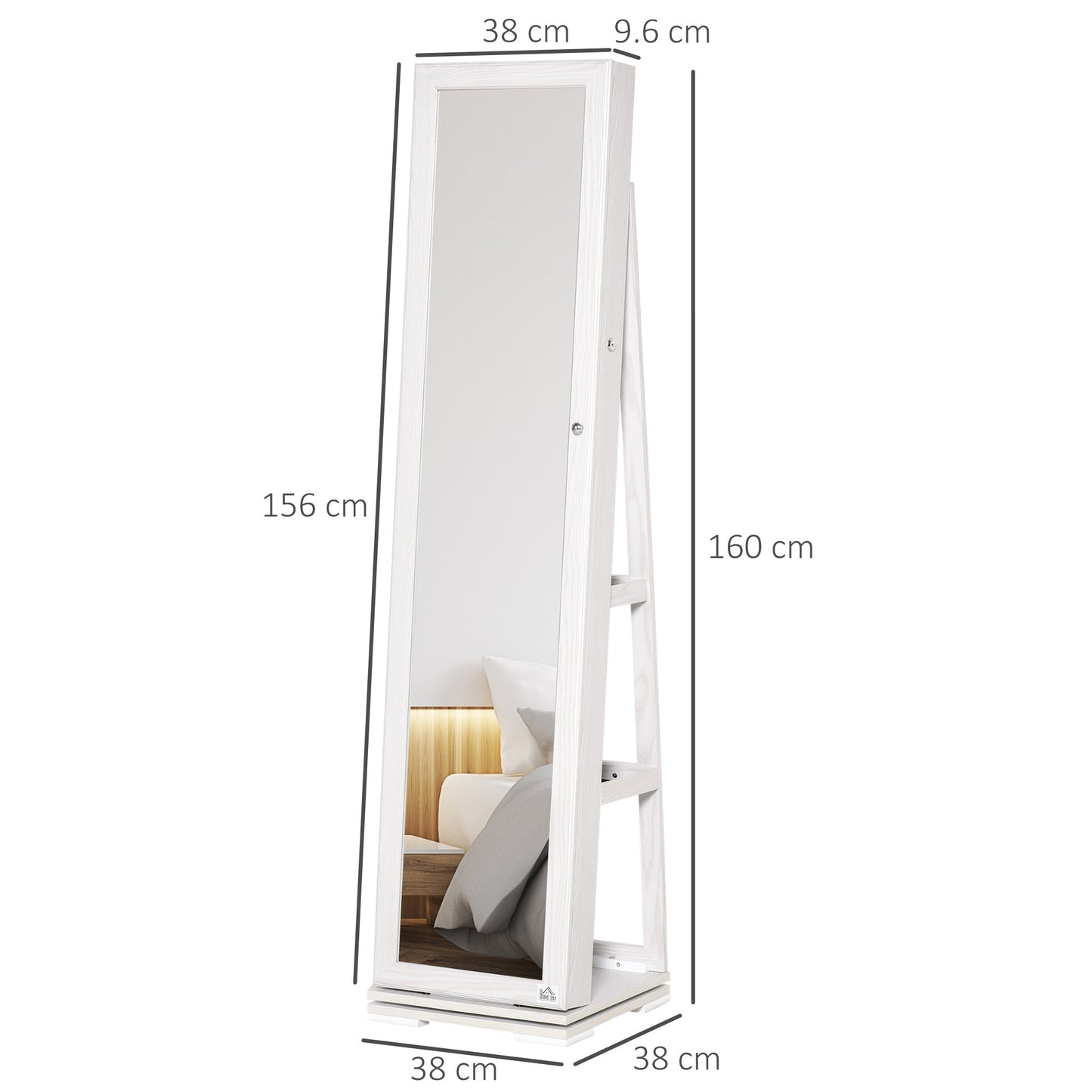 HOMCOM 360¡ Swivel Jewellery Cabinet, Mirror Armoire, Full Length Mirror, Lockable Jewellery Organizer with Built-In Small Mirror, White