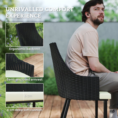 Outsunny 6 Seater Rattan Dining Set with Cushions, Garden Furniture Set with Armchairs, Rectangle Slatted Table Top, Steel Frame, Parasol Hole, Wicker Outdoor Furniture for Patio, Balcony, Cream White