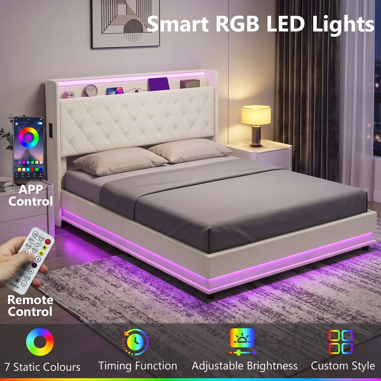 HOMCOM 5ft King Bed Frame with Headboard, Platform Bed Frame with Hydraulic Storage, LED Lights and Charging Station, White