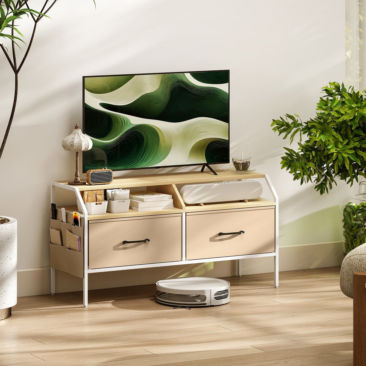 HOMCOM TV Stand Cabinet, TV Unit for 55-inch TVs with 2 Foldable Fabric Drawers, 5 Divided Side Pockets, Open Shelves, Console Table for Living Room, Bedroom, Entertainment Room, Natural Wood Finish