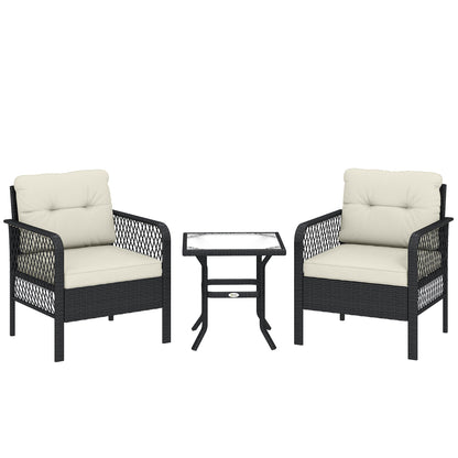 Outsunny 3 Pieces Rattan Bistro Set with Glass Top Coffee Table, Chairs and Cushions for Outdoor, Patio, Balcony, Cream