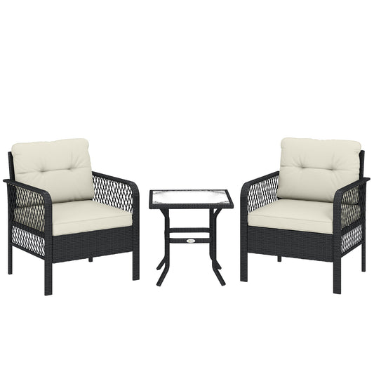 Outsunny 3 Pieces Rattan Bistro Set with Glass Top Coffee Table, Chairs and Cushions for Outdoor, Patio, Balcony, Cream