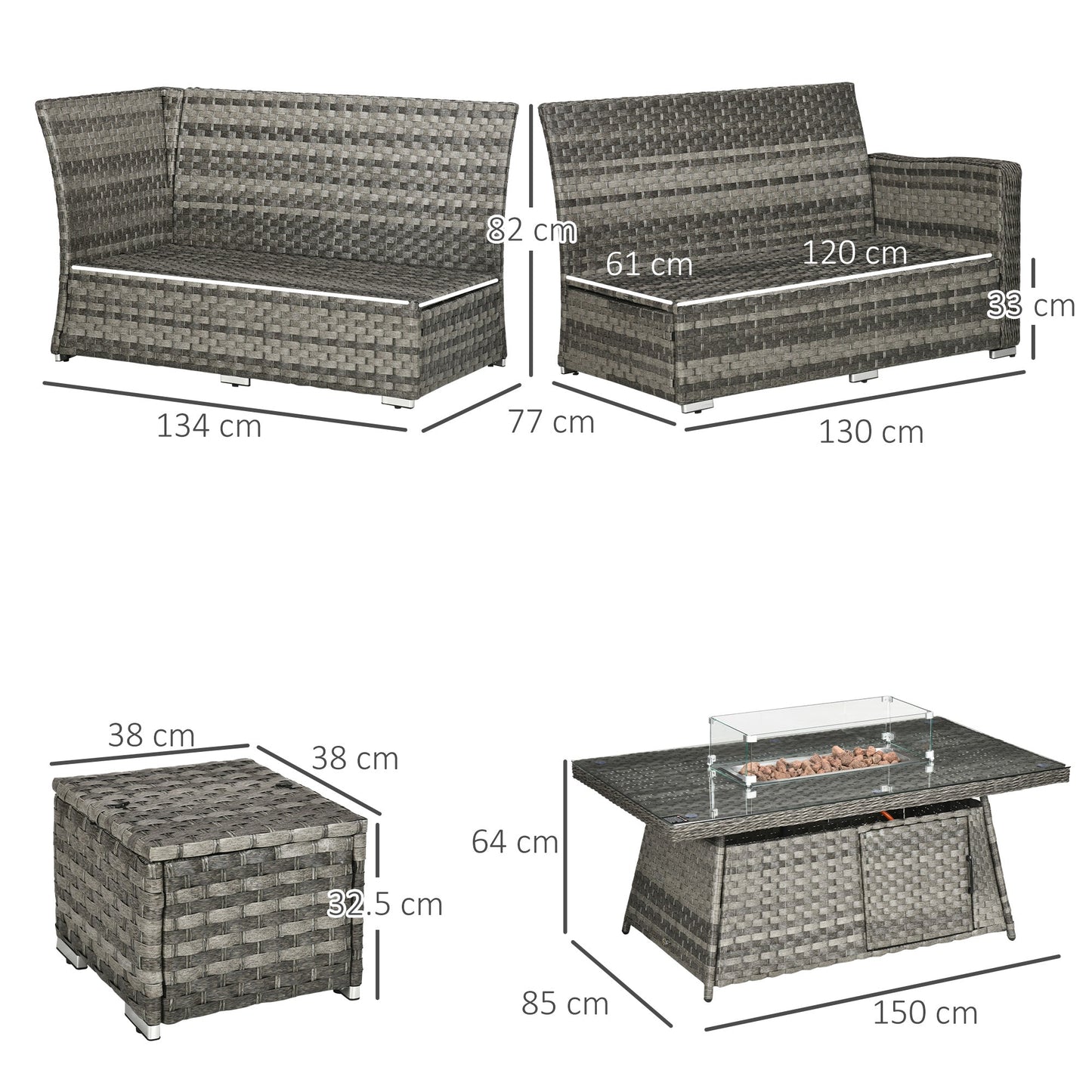 مجموعة أثاث حديقة Outsunny PE Rattan مكونة من 9 مقاعد، وطاولة حريق تعمل بالغاز بقدرة 50,000 وحدة حرارية بريطانية، وأريكة زاوية مزدوجة، و3 مساند للقدمين، باللون الرمادي