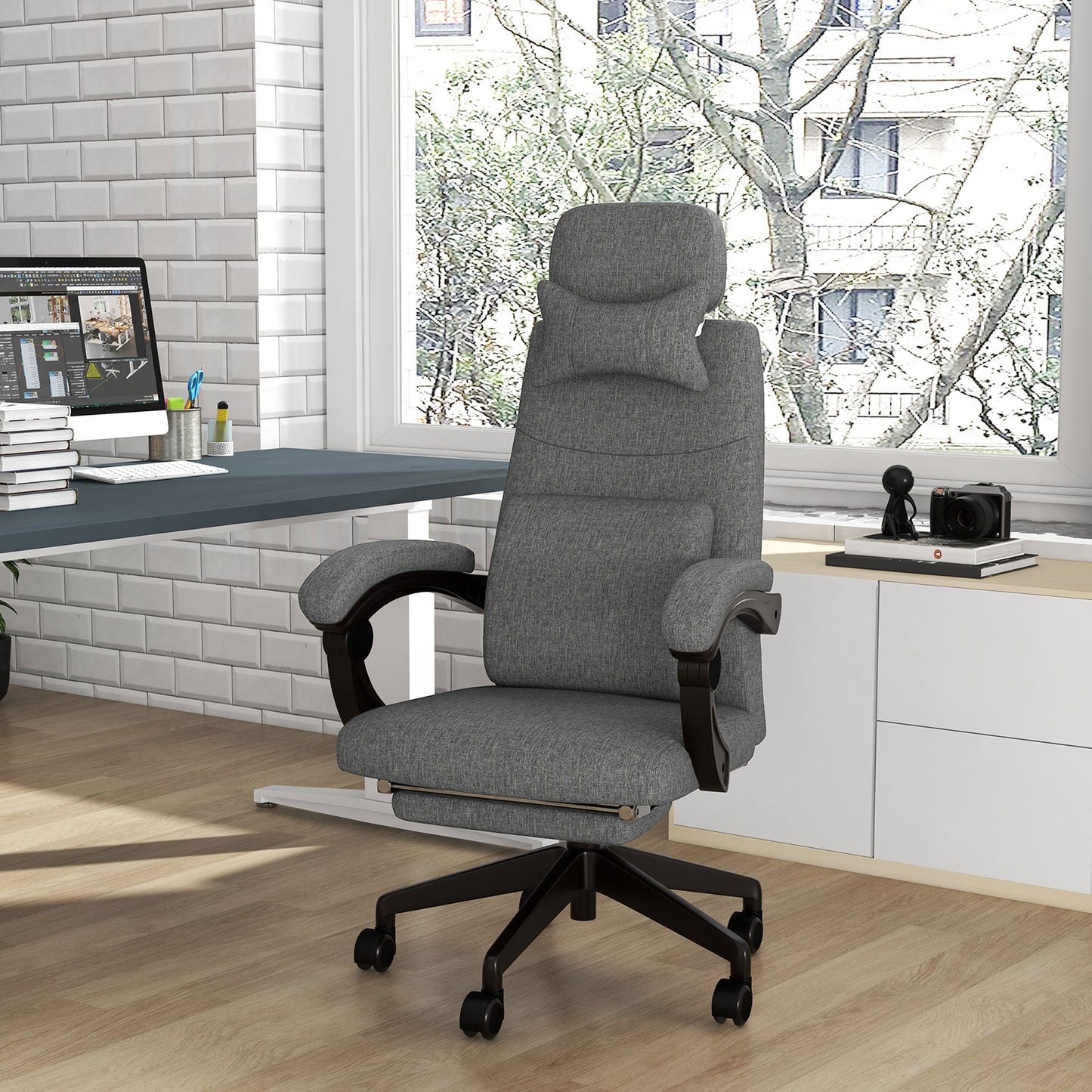 Vinsetto Linen-Look Office Chair, with 160¡ Reclining Back and Footrest - Grey