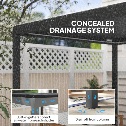 Outsunny 3 x 3(m) Elektryczna pergola żaluzjowa z oświetleniem LED, aluminiowa pergola z twardym dachem i pilotem, regulowany dach i system odwodnienia, wodoodporna i odporna na promieniowanie UV