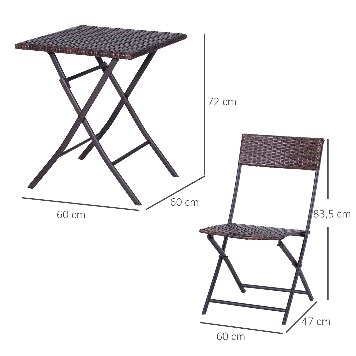 Outsunny PE Rattan Garden Furniture 2 مقاعد الفناء الروطان بيسترو مجموعة قابلة للطي لطاولتين مربعتين في الهواء الطلق ومجموعة كرسي (بني)