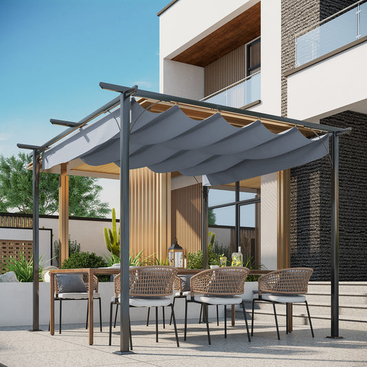 Metalowa pergola Outsunny 3 x 3(m) z rozsuwanym dachem, zadaszenie altanki ogrodowej z metalu. Zewnętrzna osłona przeciwsłoneczna na imprezę grillową, szara.