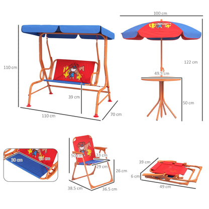 Outsunny 4 Piece Kids Garden Furniture Set With Adjustable Canopy, Cowboy Themed, Kids Garden Table and Chair Set - Ages 3-6 Years - Red and Blue