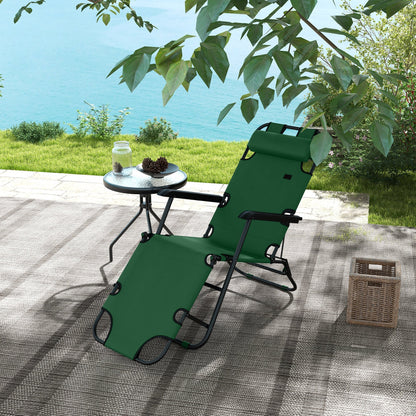 Outsunny 2 in 1 Sun Lounger Folding Reclining Chair Garden Outdoor Camping Adjustable Back with Pillow, Green