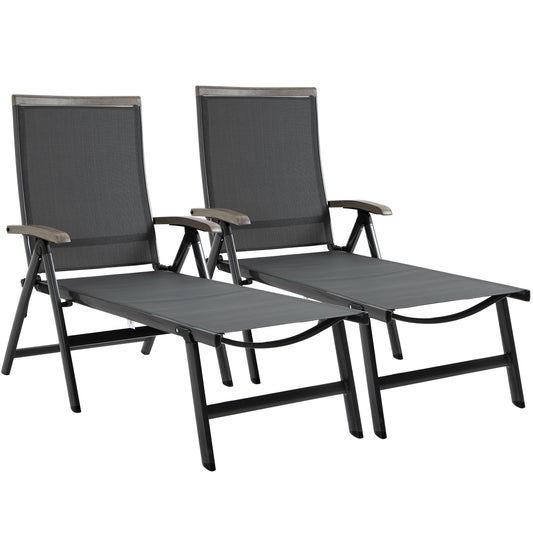 Outsunny Set of 2 Outdoor Folding Sun Loungers, 5-Position Adjustable Chaise Lounge Chairs with Aluminium Frame for Patio, Garden, Grey