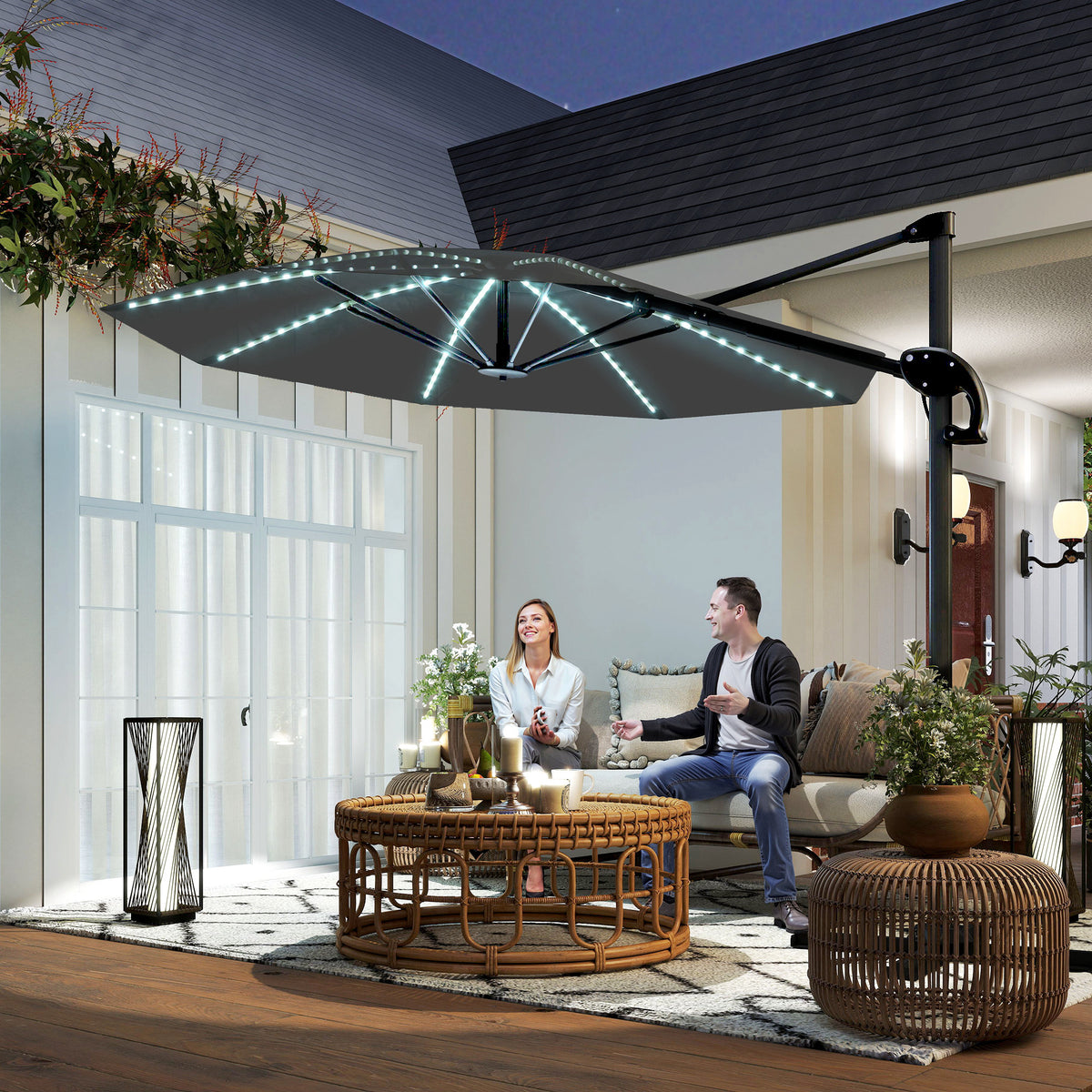 Outsunny 3(m) Cantilever Garden Parasol with Solar Powered Lights, Crank Handle & Cross Base, UPF 50+, 360° Rotation, Dark Grey