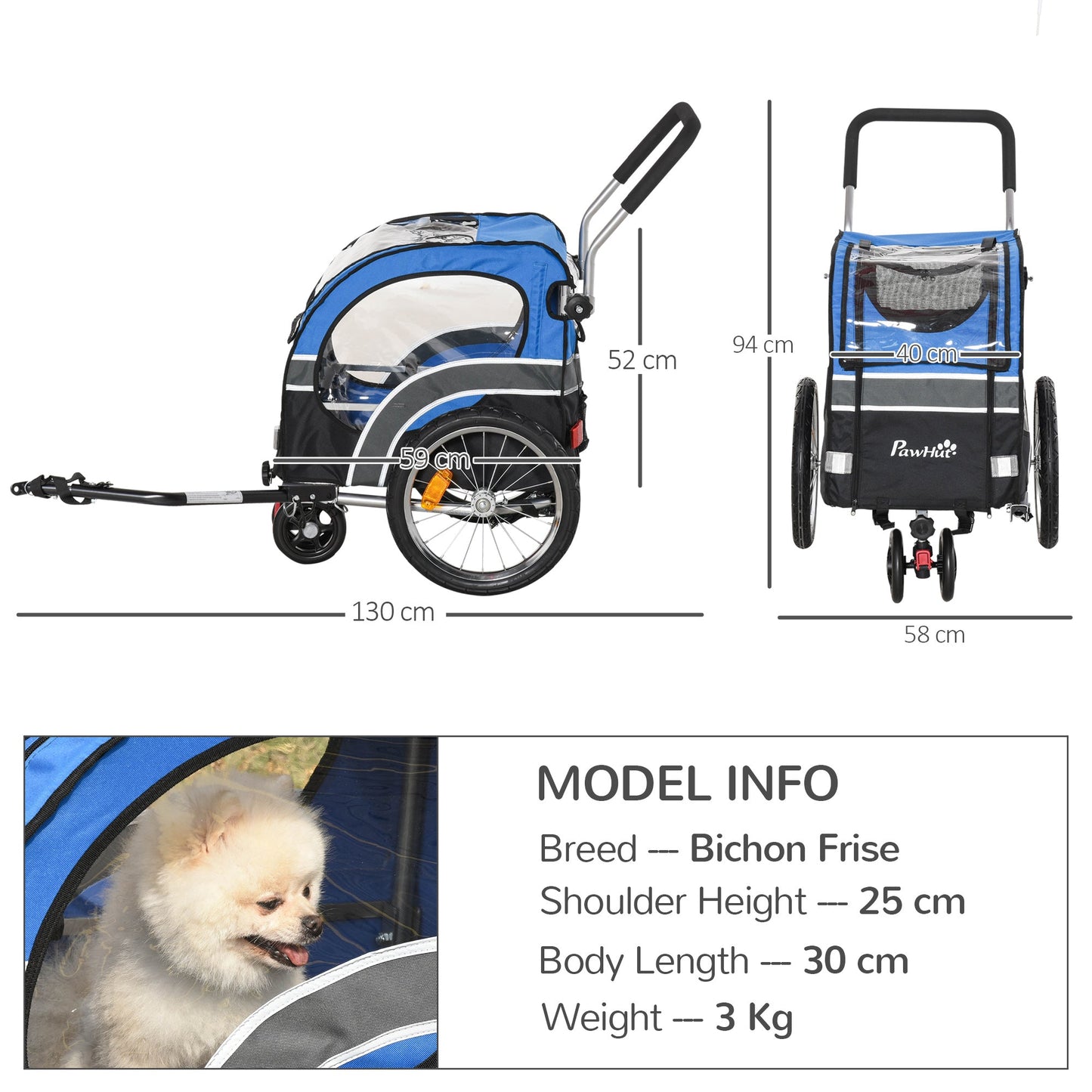 PawHut 2-in-1 Dog Bike Trailer Pet Cart Carrier Stroller for Bicycle with 360¡ Rotatable Front Wheel Reflectors Weather Resistant Canopy Hitch Coupler Flag Blue