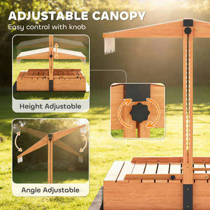 AIYAPLAY Kids Sand Pit with Lid, Wooden Sandpit with Canopy, Foldable Picnic Table, Bench Seats, Bottom Liner for Patio Garden