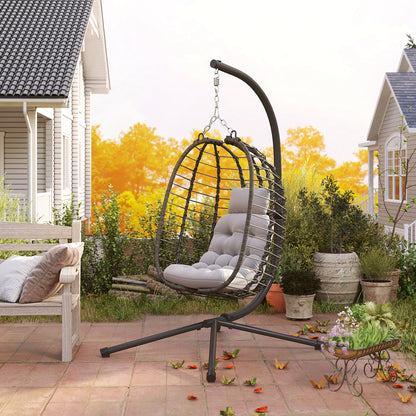Outsunny Rattan Wiszący Fotel Jajko, Składany Wiklinowy Fotel Hamakowy z Poduszką, Stojak, Regulowana Wysokość, Poduszka Zagłówka, Stalowa Rama Do Ogrodu Patio Wewnątrz Na Zewnątrz, Jasnoszary