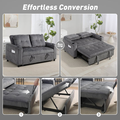 HOMCOM 2 Seater Click Clack Sofa Bed with Pull Out Design, Corduroy Upholstery - Charcoal Grey