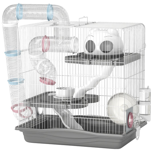 PawHut 3-Tier Hamster Cage with Exercise Wheels, Water Bottle, Food Dish, for Dwarf Hamsters, 45 x 30 x 45 cm, Grey