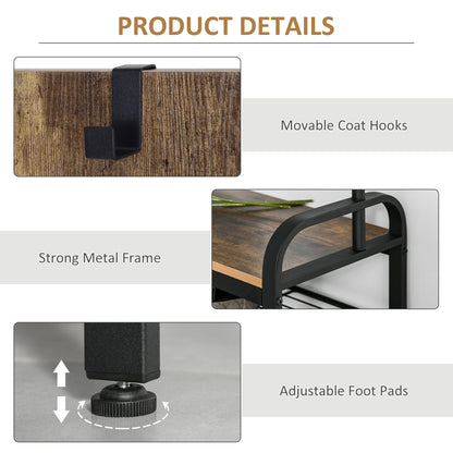 HOMCOM Coat Rack Stand Industrial hallway Shoe Rack Removable Hooks Metal Wood Hangers Storage Cabinet Rustic Brown 72L_34W_185H(cm)