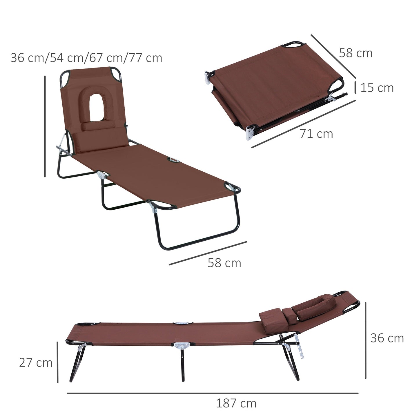 Outsunny Outdoor Folding Sun Lounger with Face Hole, 4 Level Adjustable Backrest Reclining Garden Lounger, Garden Recliner Sunbed with 600 D Oxford Cloth Seat and Pillow for Beach, Brown