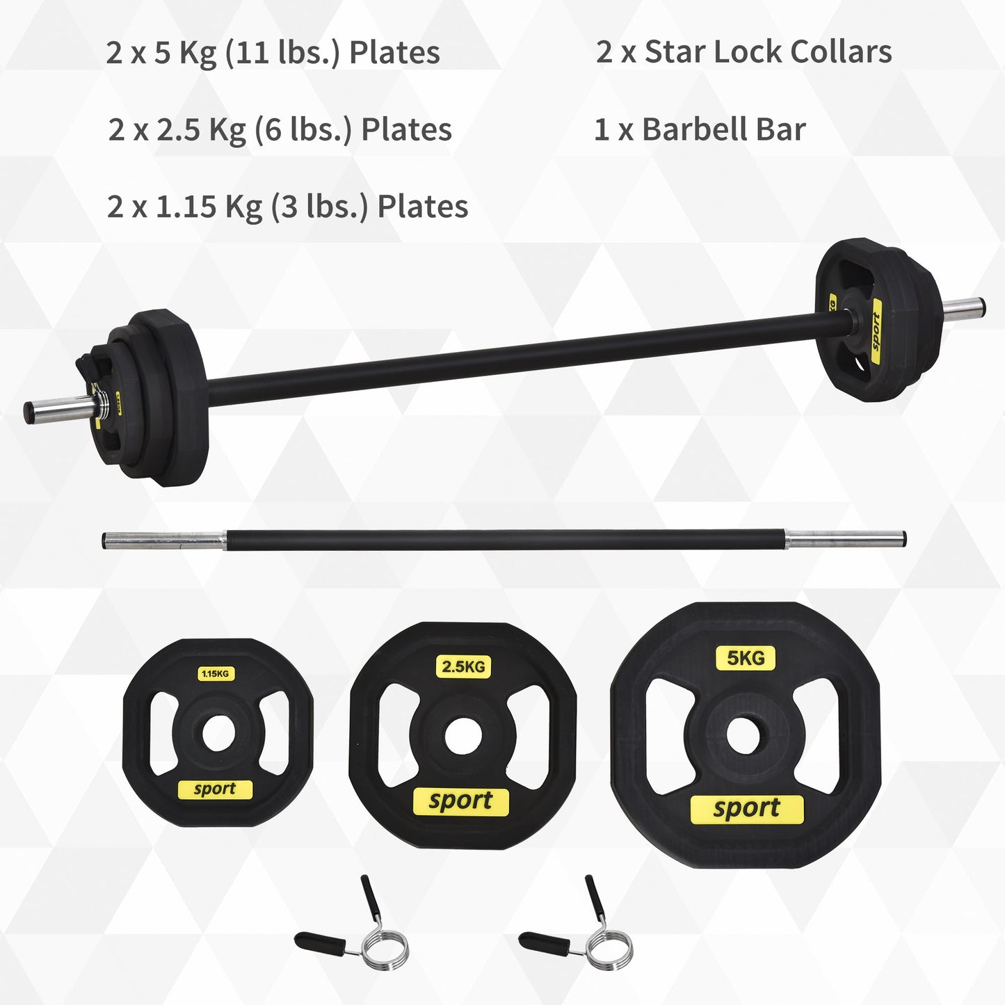 HOMCOM 20kg Adjustable Barbell Set Plate Bar Clamp Rod Home Gym Sports Area Exercise Ergonomic Black