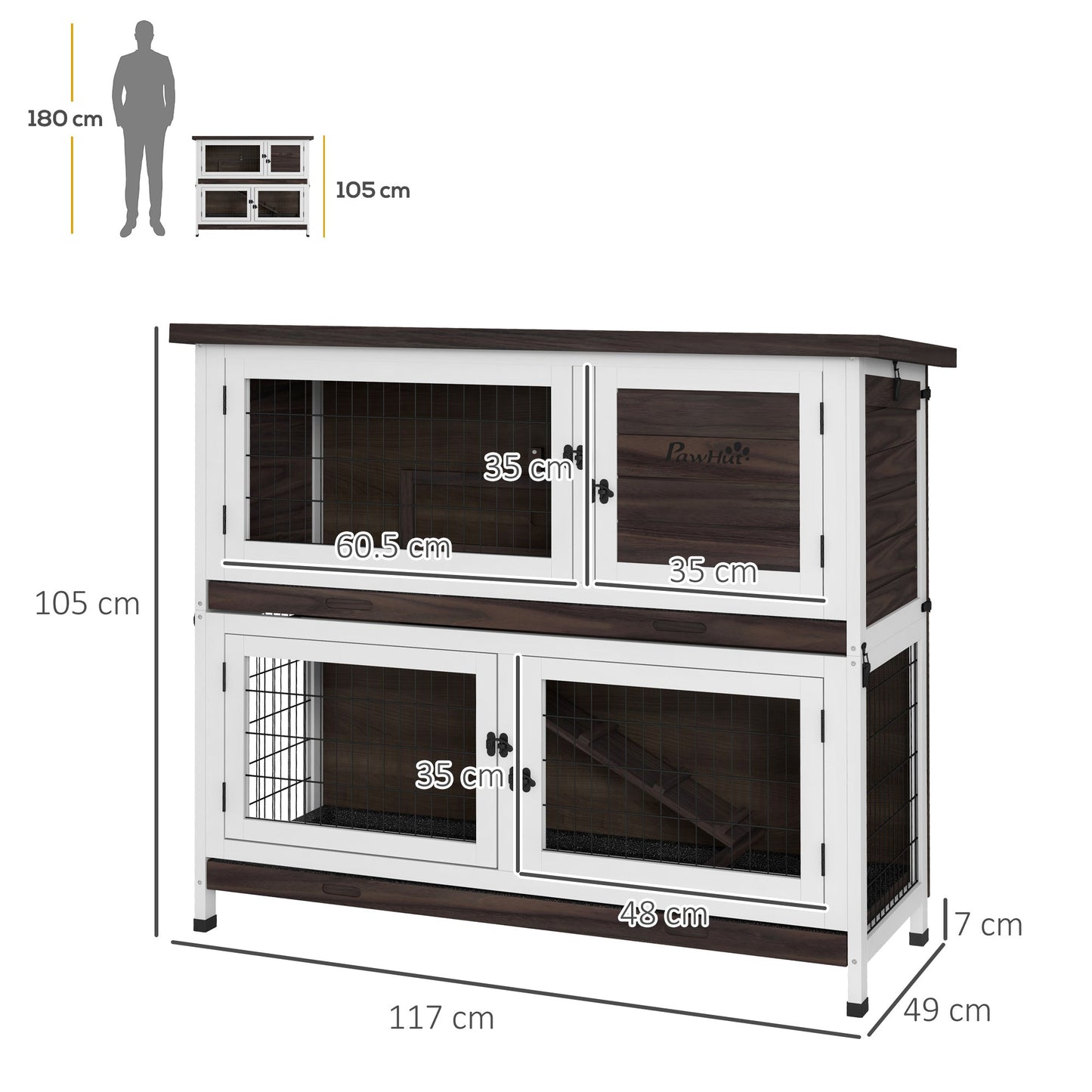 PawHut 2 Tiers Rabbit Cage Outdoor Guinea Pig Hutch with Sliding Trays, Asphalt Roof, No Screws Installation, for 1-2 Rabbits